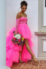 High Low Prom Dress Hot Pink Detachable Sleeves Corset Graduation Dress with Lace