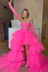 High Low Prom Dress Hot Pink Detachable Sleeves Corset Homecoming Dress with Lace
