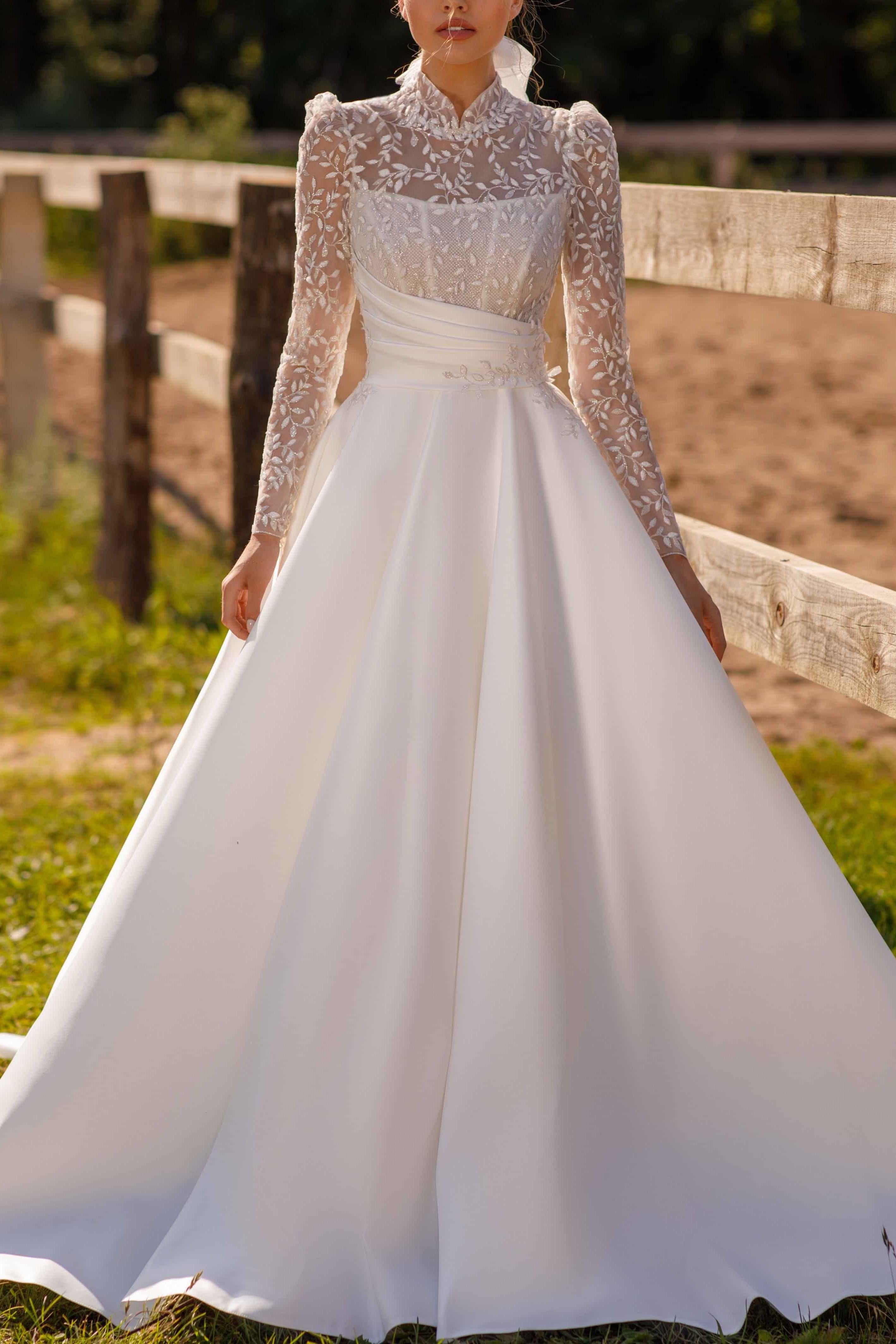 High Neck Lace Ball-Gown Wedding Dress with Long Sleeves