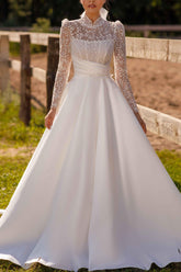 High Neck Lace Ball-Gown Wedding Dress with Long Sleeves