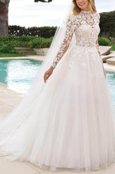 High Neck Lace Long Sleeves Ball-Gown Wedding Dresses
