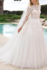 High Neck Lace Long Sleeves Ball-Gown Wedding Dresses