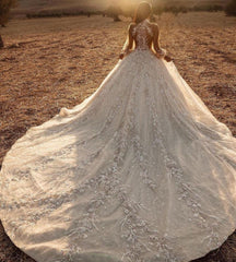 High Neck Long Sleeve A Line Wedding Dress with Lace Appliques and Tulle Train