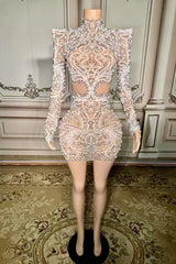 High Neck Long Sleeve Homecoming Dress Ivory Bodycon Cocktail Party Dress