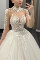 High Neck Long Sleeves Tulle Wedding Dresses With Appliques Lace - Ball-Gown