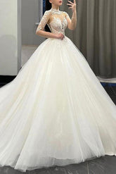 High Neck Long Sleeves Tulle Wedding Dresses With Appliques Lace - Ball-Gown