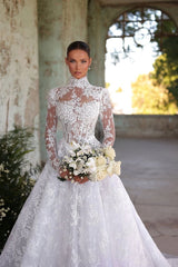 High Neck Long Sleeves Wedding Dress A Line Bridal Dress with Lace Appliques