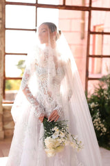 High Neck Long Sleeves Wedding Dress A Line Bridal Dress with Lace Appliques