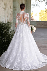 High Neck Long Sleeves Wedding Dress A Line Bridal Dress with Lace Appliques