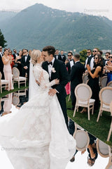 High Neck Long Sleeves Wedding Dress A Line Lace Bridal Gown