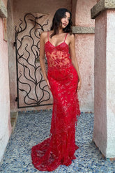 Hot Mermaid Spaghetti Straps Red Long Prom Dress With Embroidery Formal Evening Gown