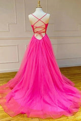Hot Pink A Line Prom Dress Tulle Long Evening Dress with Pockets