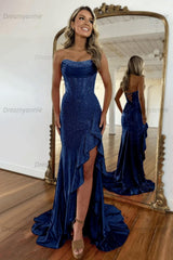 Hot Pink Beaded Prom Dress Strapless Corset Ruffled Evening Dress With Slit