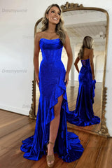 Hot Pink Beaded Prom Dress Strapless Corset Ruffled Evening Dress With Slit