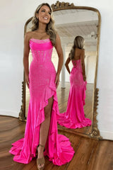 Hot Pink Beaded Prom Dress Strapless Corset Ruffled Evening Dress With Slit