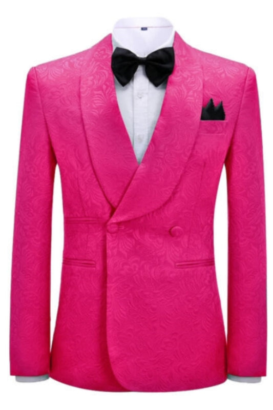 Hot Pink Jacquard Double Breasted Shawl Lapel Wedding Suit