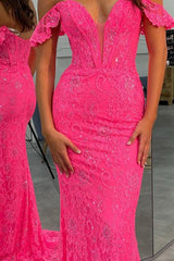 Hot Pink Off the Shoulder Prom Dress Mermaid Lace Sequin Evening Dress