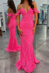 Hot Pink Off the Shoulder Prom Dress Mermaid Lace Sequin Evening Dress