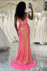 Hot Pink Prom Dress Mermaid Long Evening Dress With Slit