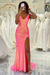 Hot Pink Prom Dress Mermaid Long Evening Dress With Slit
