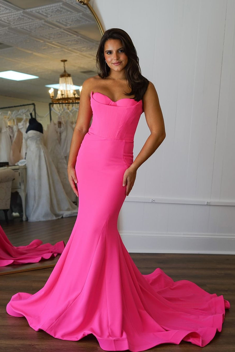 Hot Pink Prom Dress Mermaid Strapless Corset Satin Long Evening Dress