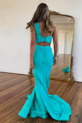Hot Pink Prom Dress One Shoulder Two Piece Satin Long Evening Dress