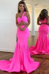 Hot Pink Prom Dress One Shoulder Two Piece Satin Long Evening Dress