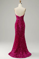 Hot Pink Prom Dress Strapless Sequin Evening Dress with Slit