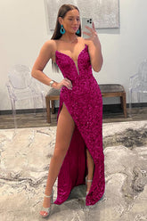 Hot Pink Prom Dress Strapless Sequin Evening Dress with Slit
