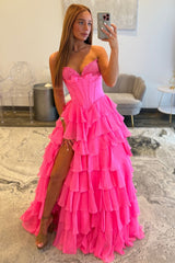 Hot Pink Sweetheart A-Line Prom Gown With Tiered Ruffles And Corset Bodice Formal Evening Gown