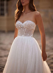 Illusion Neck A-Line Beach Wedding Dress with Long Sleeves and Sweep Train in Tulle/Sequined