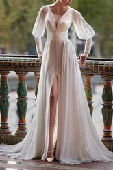 Illusion Neck A-Line Beach Wedding Dresses with Long Sleeves and Split Front