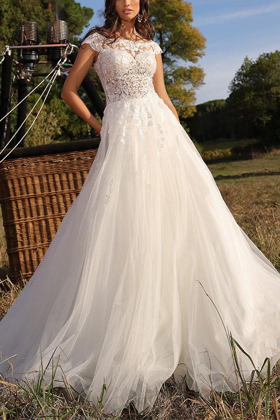 Illusion Neck A-Line Sleeveless Sweep Train Tulle Wedding Dresses With Lace