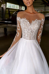 Illusion Neck A-Line Wedding Dress With Beading Appliques Lace and Sweep Train