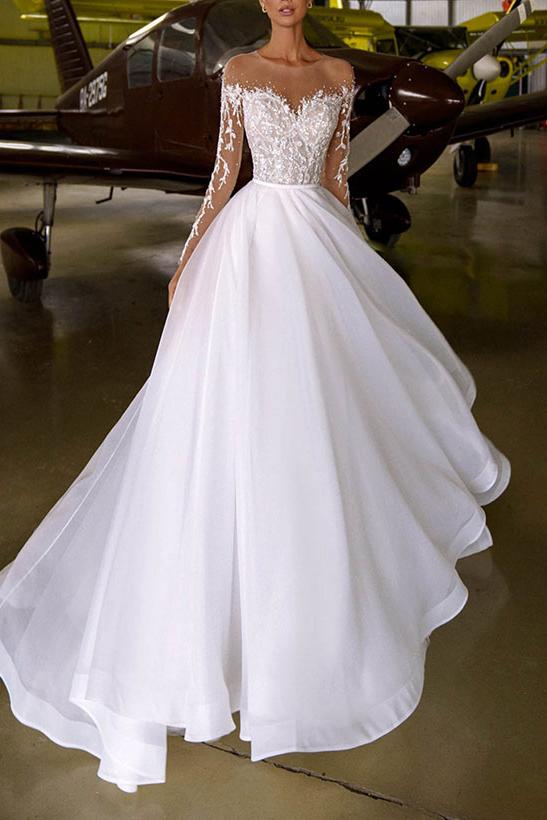 Illusion Neck A-Line Wedding Dress With Beading Appliques Lace and Sweep Train