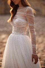 Illusion Neck A-Line Wedding Dress with Long Sleeves and Sweep Train in Tulle/Sequined
