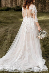 Illusion Neck A-Line Wedding Dresses with 3/4 Sleeves and Court Train in Lace/Tulle