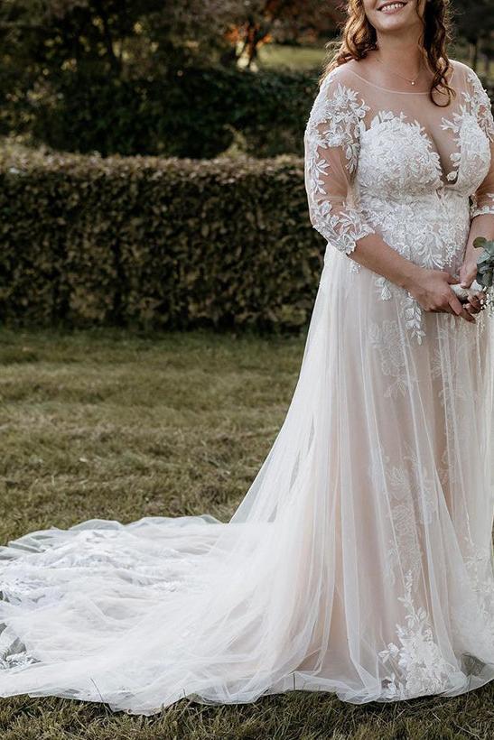 Dreamyannie Women Wedding Dress Illusion Neck A-Line Bridal Dress with 3/4 Sleeves and Court Train in Lace/Tulle Dreamyannie UK Dreamyannie Women Wedding Dress Illusion Neck A-Line Bridal Dress with 3/4 Sleeves and Court Train in Lace/Tulle Dreamyannie UK