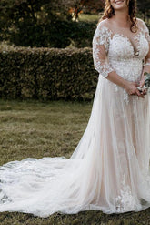 Illusion Neck A-Line Wedding Dresses with 3/4 Sleeves and Court Train in Lace/Tulle