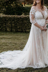 Illusion Neck A-Line Wedding Dresses with 3/4 Sleeves and Court Train in Lace/Tulle