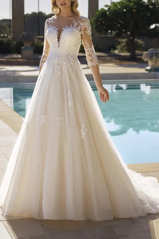 Illusion Neck A-Line Wedding Dresses with Sequins Lace/Tulle and 3/4 Sleeves