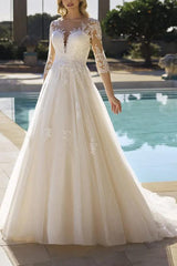 Illusion Neck A-Line Wedding Dresses with Sequins Lace/Tulle and 3/4 Sleeves