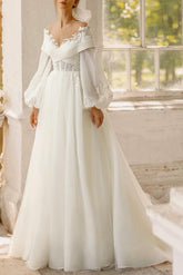 Illusion Neck Lace Long Sleeves Beach Wedding Dresses