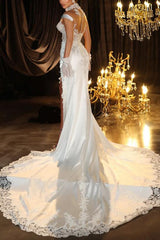 Illusion Neck Lace/Silk Like Satin Wedding Dresses With High Split