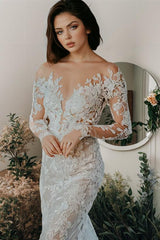 Illusion Neck Long Sleeves Lace Chapel Train Wedding Dresses With Appliques Lace
