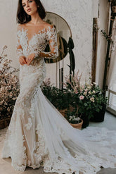 Illusion Neck Long Sleeves Lace Chapel Train Wedding Dresses With Appliques Lace