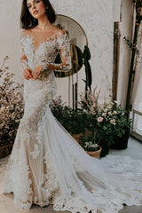 Illusion Neck Long Sleeves Lace Chapel Train Wedding Dresses With Appliques Lace