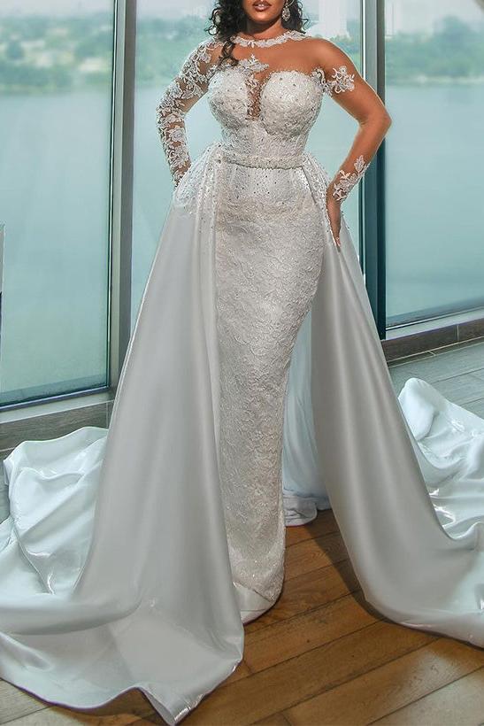 Illusion Neck Long Sleeves Lace/Satin Sheath/Column Wedding Dresses
