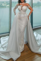 Illusion Neck Long Sleeves Lace/Satin Sheath/Column Wedding Dresses