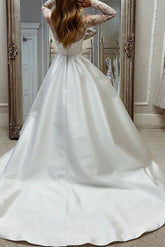 Illusion Neck Long Sleeves Satin Wedding Dresses With Lace